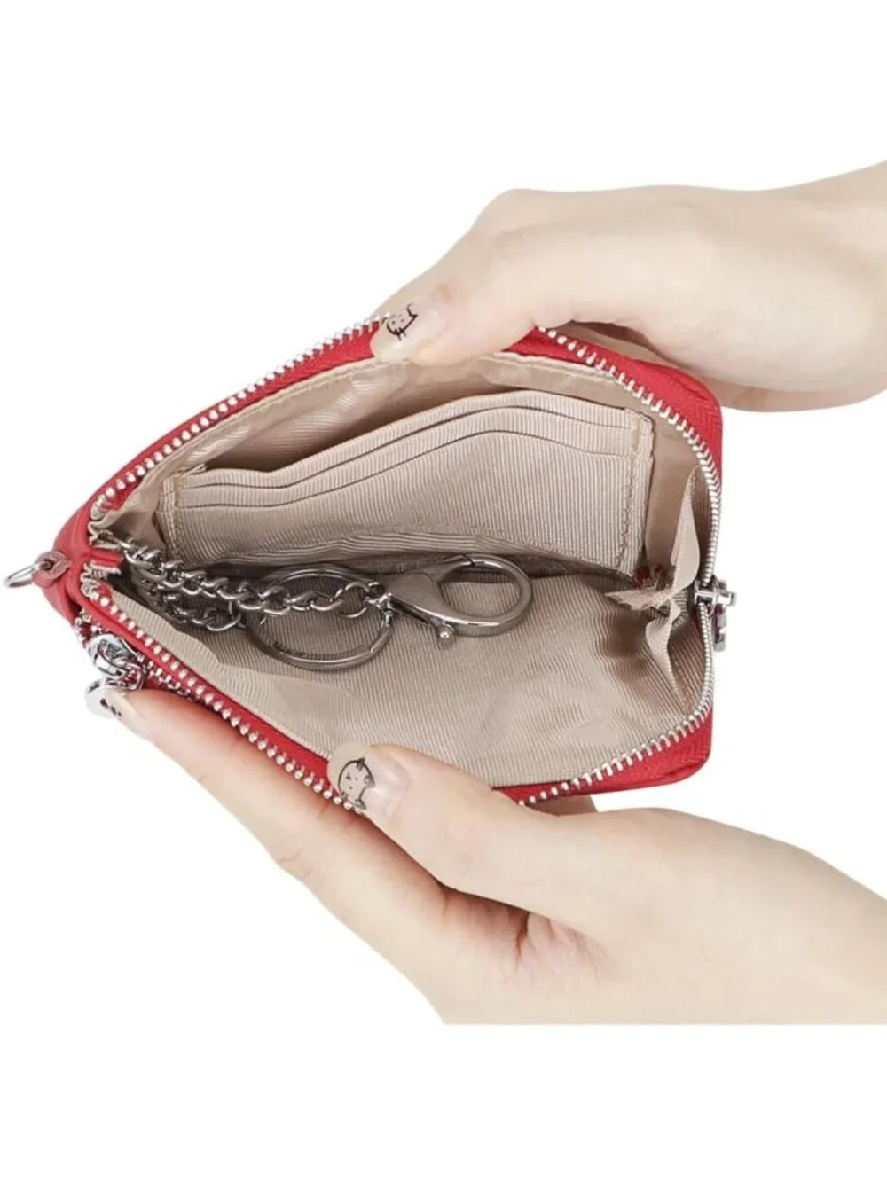 Genuine Leather RFID Coin Purse, Multi-Zipper Clutch Wallet with Keychain